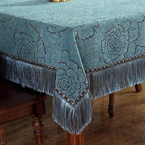 BWCKMTSC Tischdecke im europäischen Stil mit Quasten, Dicke Chenille-Tischdecke für Küche, Esszimmer, Dekoration, blau, grün, waschbar und schützend, 140 x 140 cm, Grau, Blau, 150 x 220 cm von BWCKMTSC