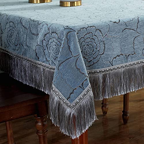 BWCKMTSC Tischdecke im europäischen Stil mit Quasten, Dicke Chenille-Tischdecke für Küche, Esszimmer, Dekoration, blau, grün, waschbar und schützend, 140 x 140 cm, Grau, Blau, 150 x 220 cm von BWCKMTSC