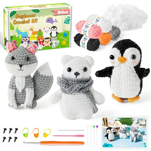 BWkoss Häkelset für Anfänger, Eistier-Häkel-Starter-Set für Erwachsene und Kinder, Fuchs, Pinguin, Eisbär, DIY-Garn, Stricken, Bastelbedarf mit Schritt-für-Schritt-Video-Tutorials für von BWkoss