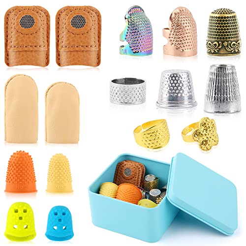 16 Stück Näh-Fingerhut mit Aufbewahrungsbox, Fingerschutz, Fingerspitzen, Leder-Fingerhut, verstellbare Metallnähen, Fingerhutringe, Gummi-Fingerschutz, Münz-Fingerhut von BXDOW