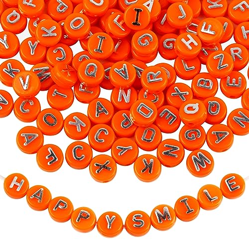 Acryl-Alphabet-Perlen, runde Buchstabenperlen, Schmuckherstellungszubehör für selbstgemachte Armbänder, Halsketten, Schlüsselanhänger, 9,8 x 6 mm, Orange, 200 Stück von BXDOW