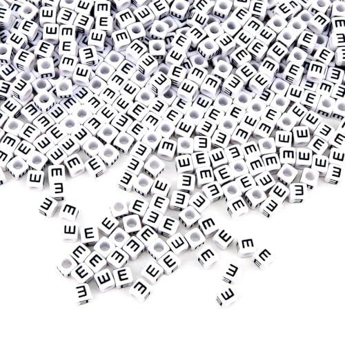 Buchstabenperlen mit Buchstaben E, 6 x 6 mm, schwarze Buchstabenperlen auf weißem Hintergrund, quadratische Buchstabenperlen, würfelförmige Acrylperlen, Puzzle-Entwicklung, handgefertigte Perlen, von BXDOW