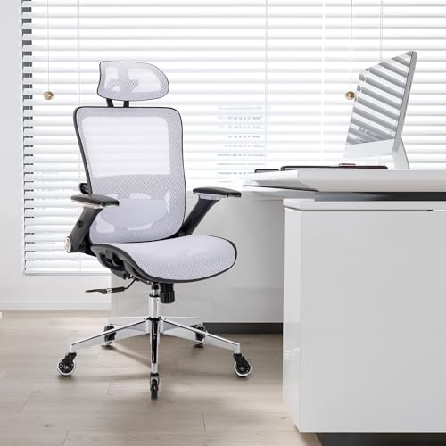 Schreibtischstuhl für das Homeoffice, ergonomischer Bürostuhl aus Netzstoff, hohe Rückenlehne – verstellbare Kopfstütze mit hochklappbaren Armlehnen, Neige- und Feststellfunktion, Lordosenstütze und K von BXLYUJTY