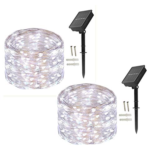 Solar Lichterkette Aussen,[2 Stück] 100 Leds Lichterkette Außen Solar 10Meter 8 Modus Außenlichterkette für Hochzeit, Party und Weihnachten, Garten Deko Gebäude Beleuchtung Aussen (Kaltes Weiß) von BXROIU