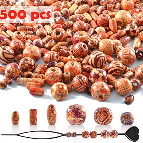 500 Stück bedruckte Holzperlen, verschiedene Formen, lose Holzperlen für Schmuckherstellung, DIY, Armband, Halskette, Haarbasteln, mit einem Haarflechtwerkzeug, verschiedene Perlen, 500 Stück von BXVXWKJXKR