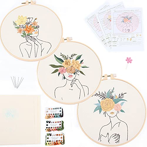 BXVXWKJXKR Katzenmuster Stickset, 3 Starter-Set, inklusive 3 Stickstoffen mit Muster, Stickgarn, Nadeln, Reifen und Anweisungen und anderen Werkzeugen... [Beige-2] von BXVXWKJXKR