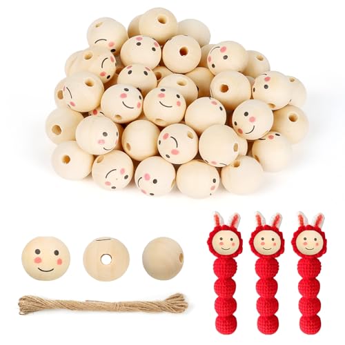 Smiley-Holzperlen, 20 mm, natürliche Holzperlen mit Gesichtern, Smiley-Holzperlen zum Basteln, runde Puppenkopf-Perlen mit 4,5 mm Löchern mit 10 m Jute-Schnur für Makramee-Dekorationen, DIY, von BXVXWKJXKR