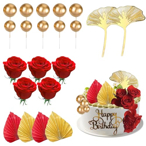 BXYIIGRU 22 Stück Red Rose Tortendeko Blumen Kugeln Cupcake Topper für Geburtstagsfeiern von BXYIIGRU