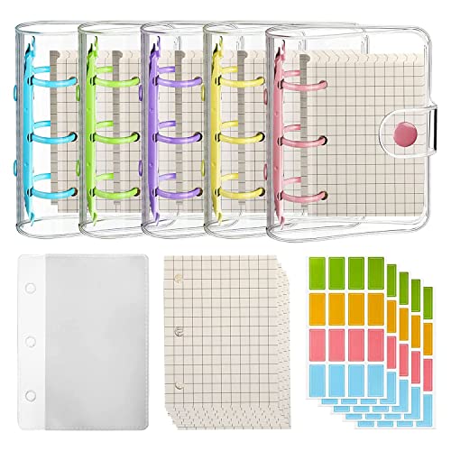 BYCUFF 5Er-Pack Transparente Mini-OrdnerhüLlen mit 3 Ringen mit Ordner-Innenpapieren, Aufbewahrungstaschen, Etiketten, Aufklebern, Ordnertaschen von BYCUFF