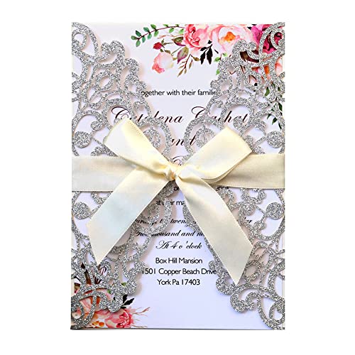 BYNYXI 25 Stücke Hochzeitseinladung, Hochzeitskarten Einladungskarten Hochzeit Spitze Blume mit leerem Innenblatt Umschläge und Bänder Hochzeitskarten für Party Verlobung Brautparty von BYNYXI