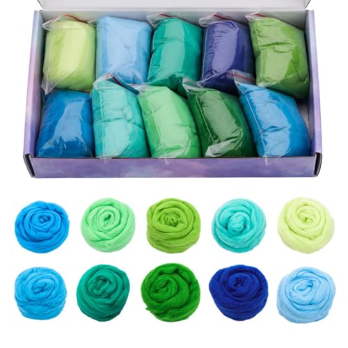 BYNYXI Filzwolle Set 10 Farben - Handgemachtes DIY Bastelset für Nadelfilzen - Naturwolle zum Basteln - Blau und Grün Töne Blau-Grün von BYNYXI