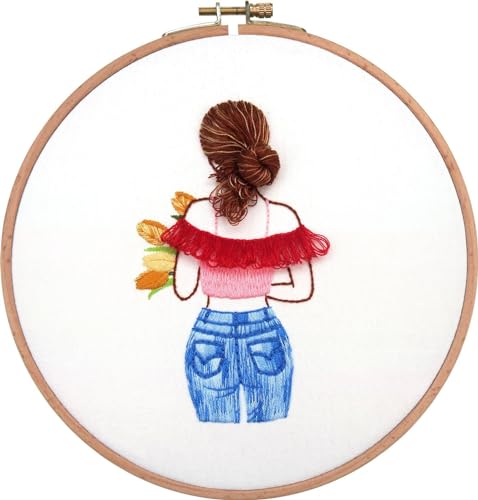 BYNYXI Stickerei Set Anfänger, 20cm Stickerei Frau Mädchen Figur Muster DIY Stickerei Kreuzstich Set Stoff Nadel Garn Stickerei Zubehör Anfänger Embroidery Set Cross Stitch Starter Kit für Erwachsene von BYNYXI