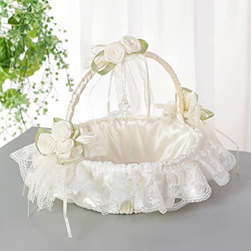 Hochzeit Blumenmädchen Korb, Vintage Blumenkorb Weiß Spitzenkante Brautjungfer Blumenkorb Hochzeit Blumenkinder Hochzeit Blumenkorb Mädchen Streukörbchen für Hochzeitsfeier Blumenmädchen-25cmx25cm von BYNYXI