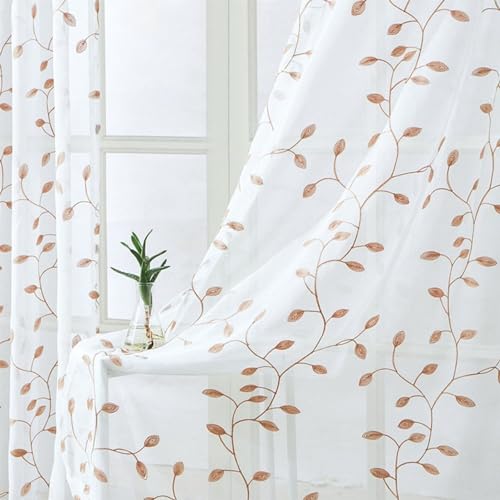 2er-Set Gardinen transparent Vorhang Blätter Stickerei mit Ösen Voile Vorhänge Fensterschal Dekoschal für Wohnzimmer Schlafzimmer Kinderzimmer, 140x245cm, Beige von BYSURE