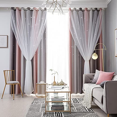 Vorhang Blickdicht Verdunkelungsvorhänge Sterne Gardinen Doppelschicht Sternenvorhänge mit Voile Vorhänge für Mädchen Schlafzimmer Wohnzimmer Kinderzimmer, 1 Stück (Grau, B 100 x H 130 cm) von BYSURE