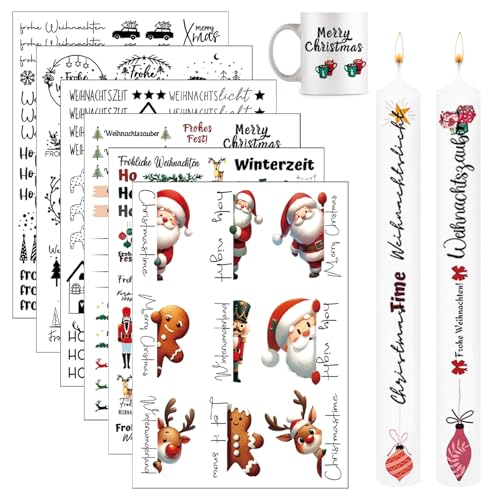 6 Stück kerzentattoos weihnachten, Weihnachten Kerzen Sticker, Kerzen Tattoo Folie, Wassertransferdruck Kerzensticker, weihnachten kerzen tattoo, für Kerze Tasse, Kerzen Dekorieren von BYTLXM