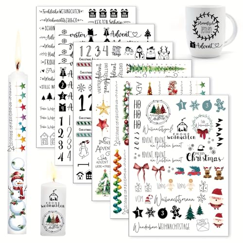 BYTLXM Kerzentattoo, 6 Stück Advent Kerzentattoos, Kerzen Sticker Tattoo, Kerzen Aufkleber Weihnachten, Wassertransferdruck Kerzenfolie, für Adventskerzen Kerze Tasse DIY Geschenk, Kerzen Dekorieren von BYTLXM