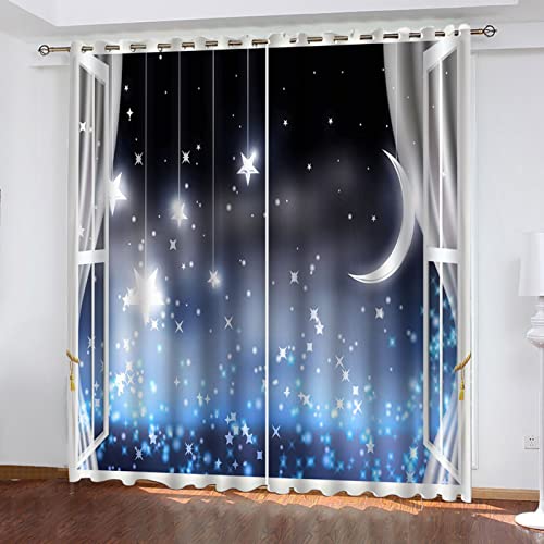 100% Blickdichte Gardinen Wohnzimmer - 2Er Set Ösenvorhang Für Schlafzimmer Kinderzimmer Küchen Fensterdekoration H 165 X B 200 cm 3D Fenster Sterne Mond Muster Thermovorhänge Verdunkelung von BYTUGI