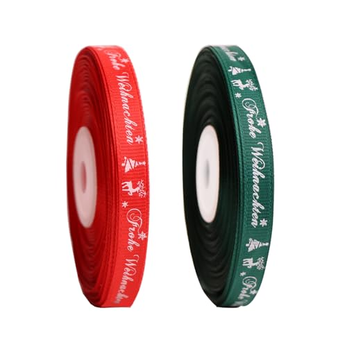 BYZANDQI 22m Schleifenband 10mm Satinband, Geschenkband Weihnachten Rot Grün Dekoband Weihnachtsband Stoffband mit Frohe Weihnachten, 2er-Rolle von BYZANDQI