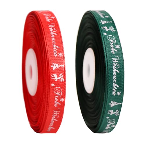 BYZANDQI 22m Schleifenband 10mm Satinband, Geschenkband Weihnachten Rot Grün Dekoband Weihnachtsband Stoffband mit Frohe Weihnachten, 2er-Rolle von BYZANDQI