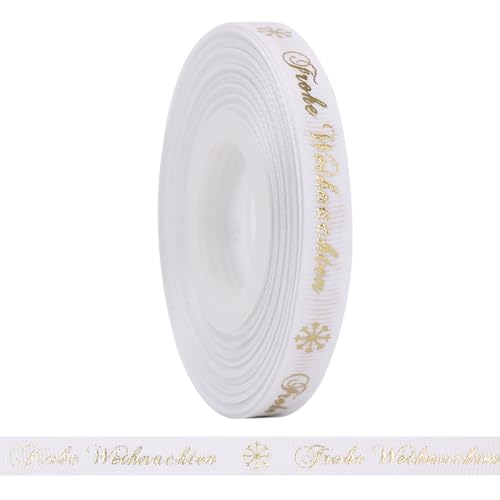 BYZANDQI 22m Schleifenband 10mm Satinband, Geschenkband Weihnachten Weiß Dekoband Weihnachtsband Stoffband mit Frohe Weihnachten von BYZANDQI