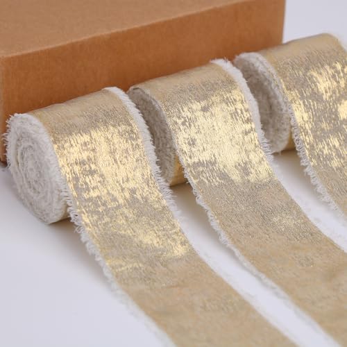 BYZANDQI Metallisches Chiffonband 3,8cm x 15m Goldband Seide Handgemachte ausgefranste Bänder für Geschenkverpackungen Baby Dusche Hochzeit Urlaub Dekoration (Champagner) von BYZANDQI