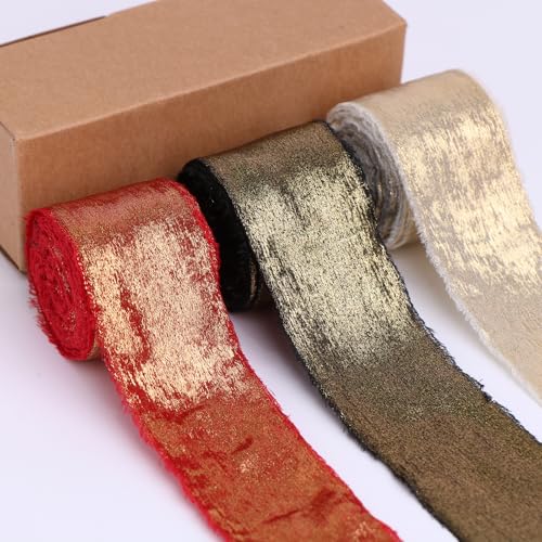 BYZANDQI Metallisches Chiffonband 3,8cm x 15m Goldband Seide Handgemachte ausgefranste Bänder für Geschenkverpackungen Baby Dusche Hochzeit Urlaub Dekoration (Champagner Schwarz Rot) von BYZANDQI