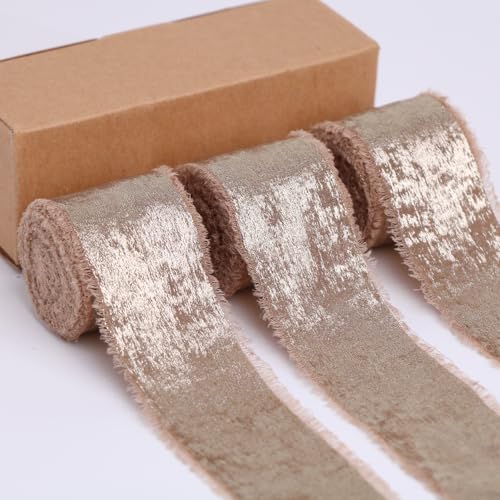 BYZANDQI Metallisches Chiffonband 3,8cm x 15m Goldband Seide Handgemachte ausgefranste Bänder für Geschenkverpackungen Baby Dusche Hochzeit Urlaub Dekoration (Hell Nackt) von BYZANDQI