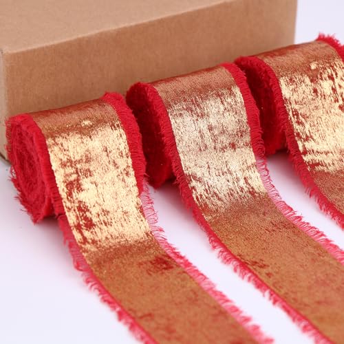 BYZANDQI Metallisches Chiffonband 3,8cm x 15m Goldband Seide Handgemachte ausgefranste Bänder für Geschenkverpackungen Baby Dusche Hochzeit Urlaub Dekoration (Rot) von BYZANDQI