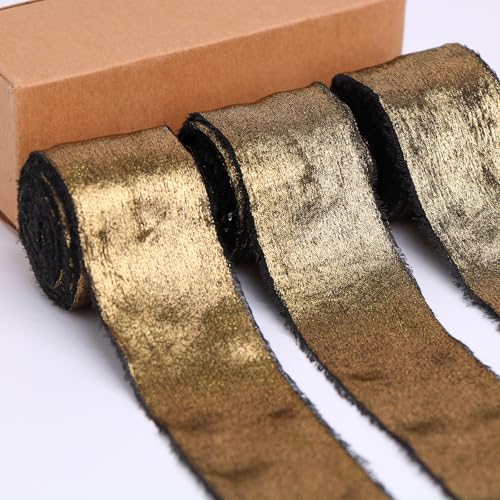 BYZANDQI Metallisches Chiffonband 3,8cm x 15m Goldband Seide Handgemachte ausgefranste Bänder für Geschenkverpackungen Baby Dusche Hochzeit Urlaub Dekoration (Schwarz) von BYZANDQI