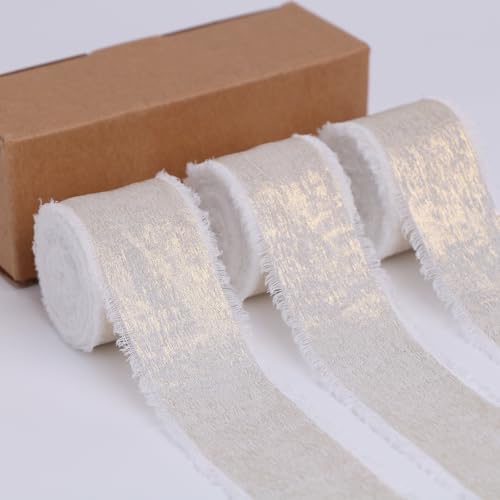 BYZANDQI Metallisches Chiffonband 3,8cm x 15m Goldband Seide Handgemachte ausgefranste Bänder für Geschenkverpackungen Baby Dusche Hochzeit Urlaub Dekoration (Weiß) von BYZANDQI