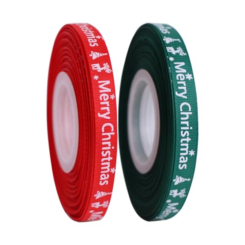 BYZANDQI Satinband mit Aufschrift "Merry Christmas", Ripsband für Geschenkverpackungen, Basteln, Kränze, 2 Rollen (Rot/Grün, 1 cm) von BYZANDQI