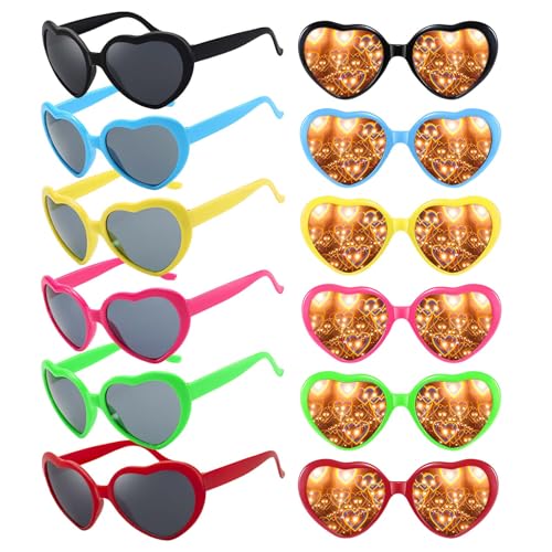 12 Stück Herzbrille Effekt, Pfirsichherz Brille, 3D Beugungs Herzbrillen, Retro Partybrille, Herz Effekt Brille, Herz Sonnenbrille, Heart Sunglasses für Kostümfest Fasching Musik im Freien Party Bar von BYZESTY