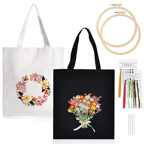 2 Pcs Canvas Tote Bag Stickset Mit Muster Und Anleitung, Canvas Tasche Stickerei Set, Stickset Für Segeltuchtasche, Sticken Set Erwachsene, Anfänger Stickerei Set, Leinen-Tragetasche Stickpackung von BYZESTY