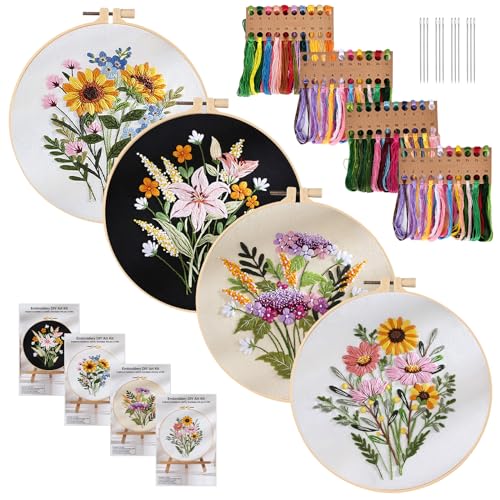 Stickset Embroidery Kit, 4 Stück Stickerei Set Anfänger, Sticken Set Erwachsene, Stick Sets zum Sticken Anfänger Stickbilder Vorgedruckt Kreuzstich mit Blumenmuster für DIY Kunst, Handwerk von BYZESTY