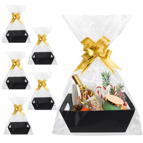 Geschenkkörbe Set, 6 Stück Präsentkorb Leer, Körbe Für Geschenke, Geschenkkorb Pappe Mit Griffen, Bogenknoten Und Transparenten Geschenktüten, Hamper Basket Kit Für Weihnachten Party Feiern (Schwarz) von BYZESTY