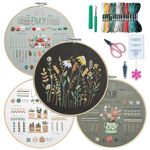 Stickset für Anfänger, 4 Sets Sticken Set, Stickerei Set Erwachsene, Blumenmuster Pflanzen Embroidery Kit, Vorgedruckt Kreuzstich-Sticksets, mit Stickrahmen, Werkzeug und Anleitung, für DIY Sticken von BYZESTY