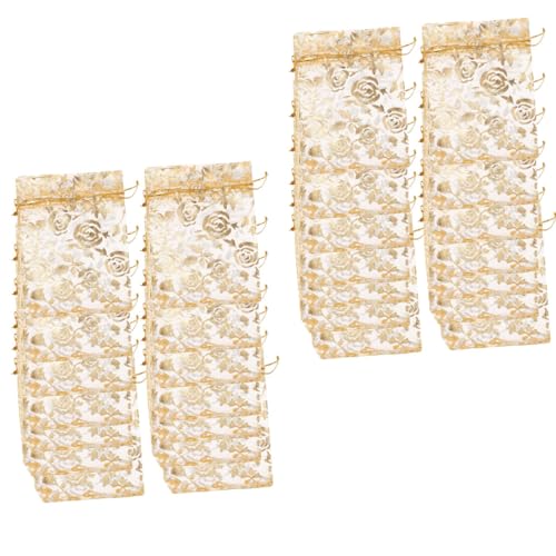 BZKSER Goldener Organzasäckchen -50 Stück Druck Organzabeutel Säckchen Geschenkbeutel KordelzugGeschenkbeutel Mesh Beutel für Hochzeitsfeier Hochzeit Schmuck Süssigkeit Beutel(9x12cm von BZKSER