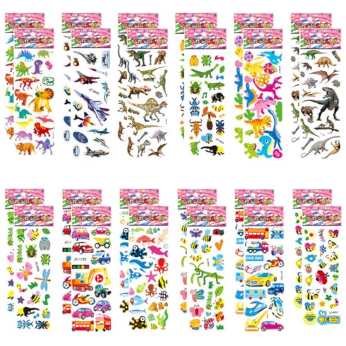 BZKSER Sticker - 24 Bogen 3D Aufkleber für Kinder & Kleinkinder, Geschwollen Stickers Niedliche Verschiedene Set für Jungen Mädchen Lehrer,Tier, Auto, Schmetterlinge, Dinosaurier und vieles mehr von BZKSER