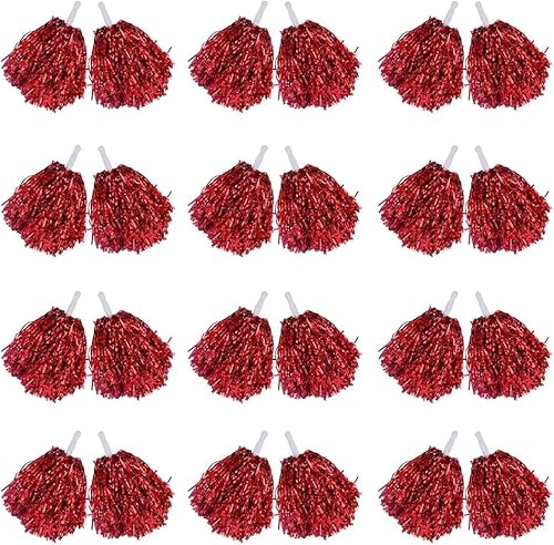 Baaly 24 StüCk Cheerleading Pom Poms Metallfolie Cheer Pom Poms mit Kunststoffgriff für Erwachsene Kinder Cheerleader Rot von Baaly