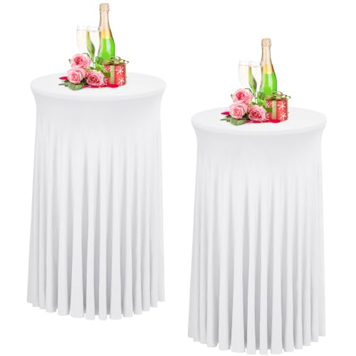 Babenest Weiß 60x110 Stehtisch Hussen mit Rock, 2er Set Stretch Tischhussen Runder Cocktail Tischrock, Tischdecke Stehtisch Abdeckung für Bistrotisch, Bartisch, Party, Hochzeit, Banketttisch von Babenest