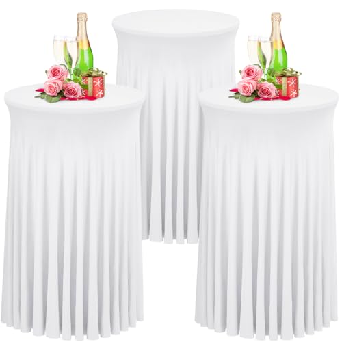 Babenest Weiß 60x110 Stehtisch Hussen mit Rock, 3er Set Stretch Tischhussen Runder Cocktail Tischrock, Tischdecke Stehtisch Abdeckung für Bistrotisch, Bartisch, Party, Hochzeit, Banketttisch von Babenest