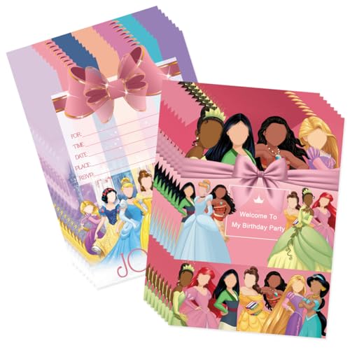 Babioms 16Pcs Einladungskarten Princess, Einladungskarten Kindergeburtstag, Party Invitation Cards, Themed Party Invitations, einladungskarten kindergeburtstag fasching von Babioms