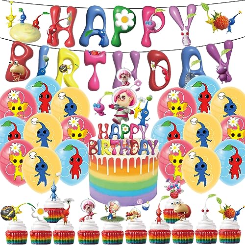 Babioms 32Pcs Pik min Geburtstag Deko, Kuchen Topper, Luftballons, Banner, Cartoon-Themenparty-Dekoration, für Kinder Geburtstag Party Dekoration von Babioms