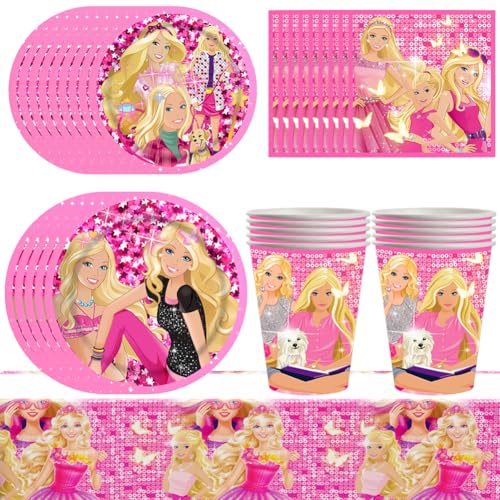 Babioms 51pcs Barbi Prinzessin Partygeschirr Geburtstag Deko Party Supplies Barbiprinzessin Kindergeburtstag Partyteller Tischdecke Barbi Partyzubehör für 10 Personen von Babioms