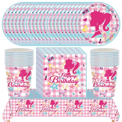 Babioms 61Stück Barbi Prinzessin Partygeschirr Geburtstag Barbi Deko Party Supplies Set Barbi Prinzessin Kindergeburtstag Partyteller Tischdecke Barbi Partyzubehör für 10 Personen von Babioms