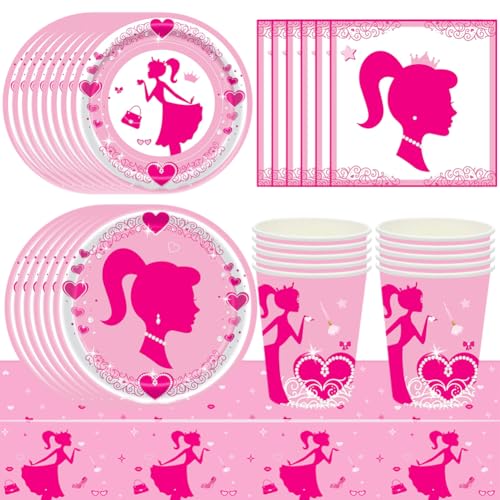 Babioms 71Pcs Barbiprinzessin Party Geschirr, Barbi Thema Geburtstag Partydeko, Teller, Pappbecher, Servietten, Tischdecke, Barbi Kindergeburtstag Partyteller, 10 Gäste von Babioms