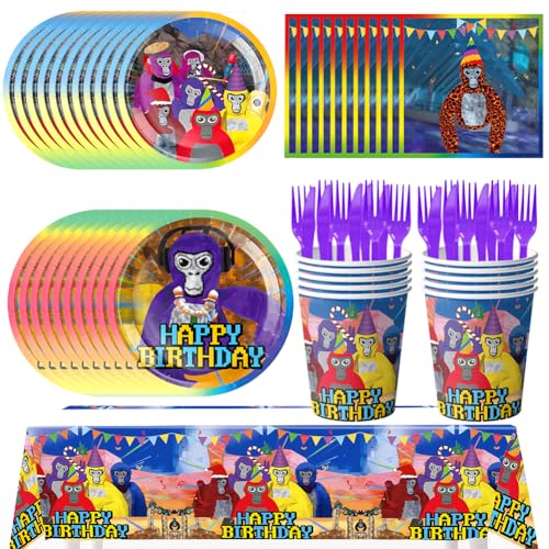 Babioms 71Pcs Gorilla Birthday Party Teller Cartoon Geburtstag Party Geschirr Gorilla Party Dekoration Teller Becher Servietten Tischdecke Messer Gabel für Kinder Themen Geburtstag Party Dekoration von Babioms