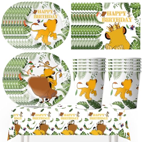 Babioms 71Pcs König der Löwen Partygeschirr Set, Lion Geburtstag Geschirr, Mit Teller Tassen Servietten Tischdecken, Dschungel Geburtstag Geschirr Kit, 10 Personen von Babioms