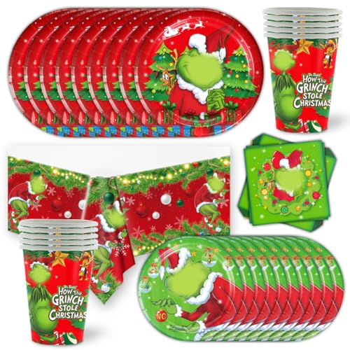 Babioms 81pcs Christmas Party Tableware, Weihnachten Partygeschirr Set, Teller, Serviette, Tasse, Tischdecke, Weihnacht Party Deko Geschirr Set - 10 People von Babioms